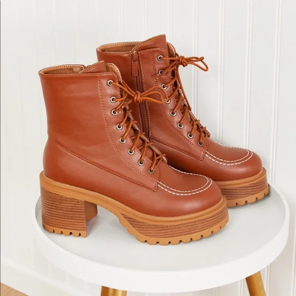 Lace Up Tan Platform Fall Boots - Picture 9 of 9